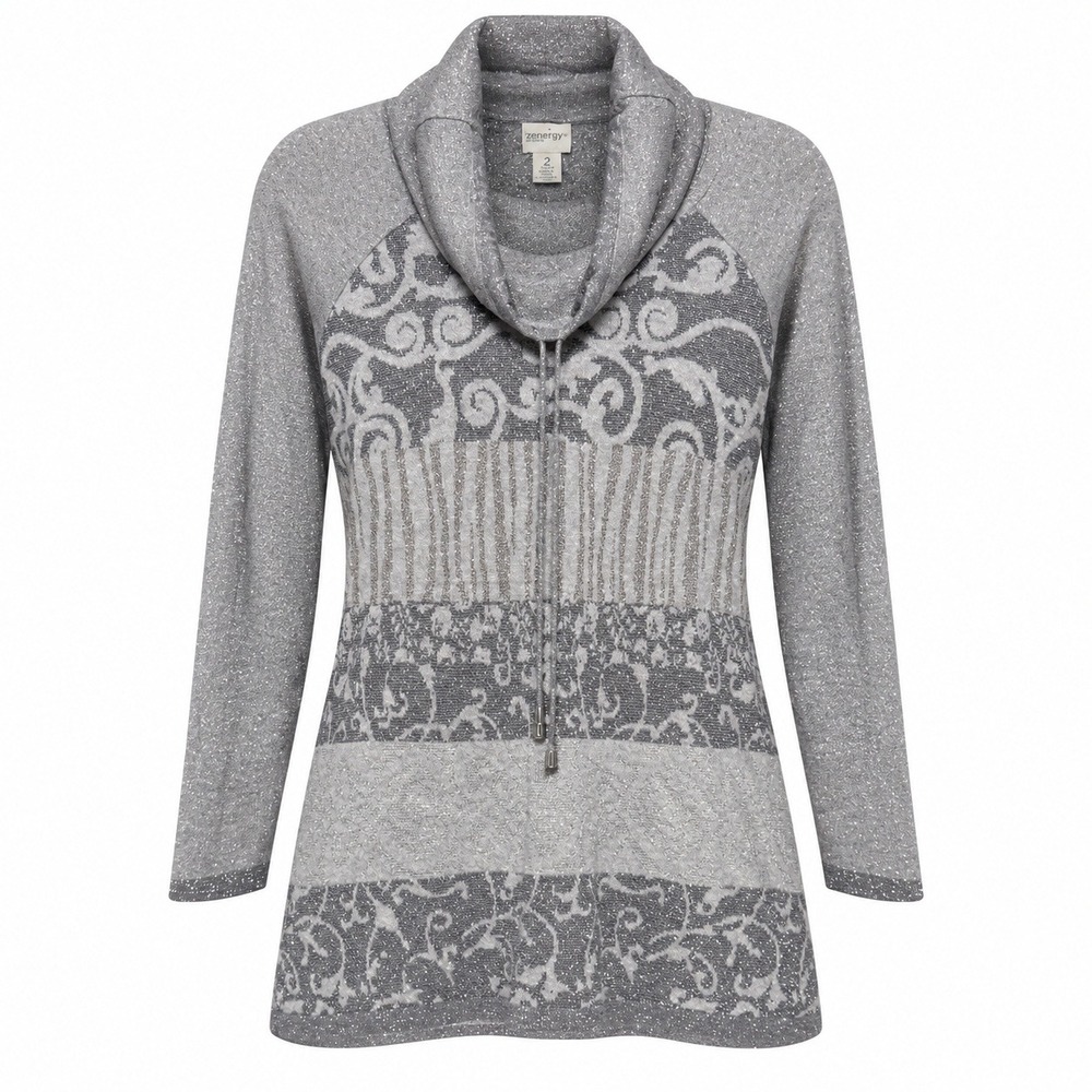 Chico's Quiet Luxury Damask Roll Neck Tunic Sweater Women Size Large Shimmer
